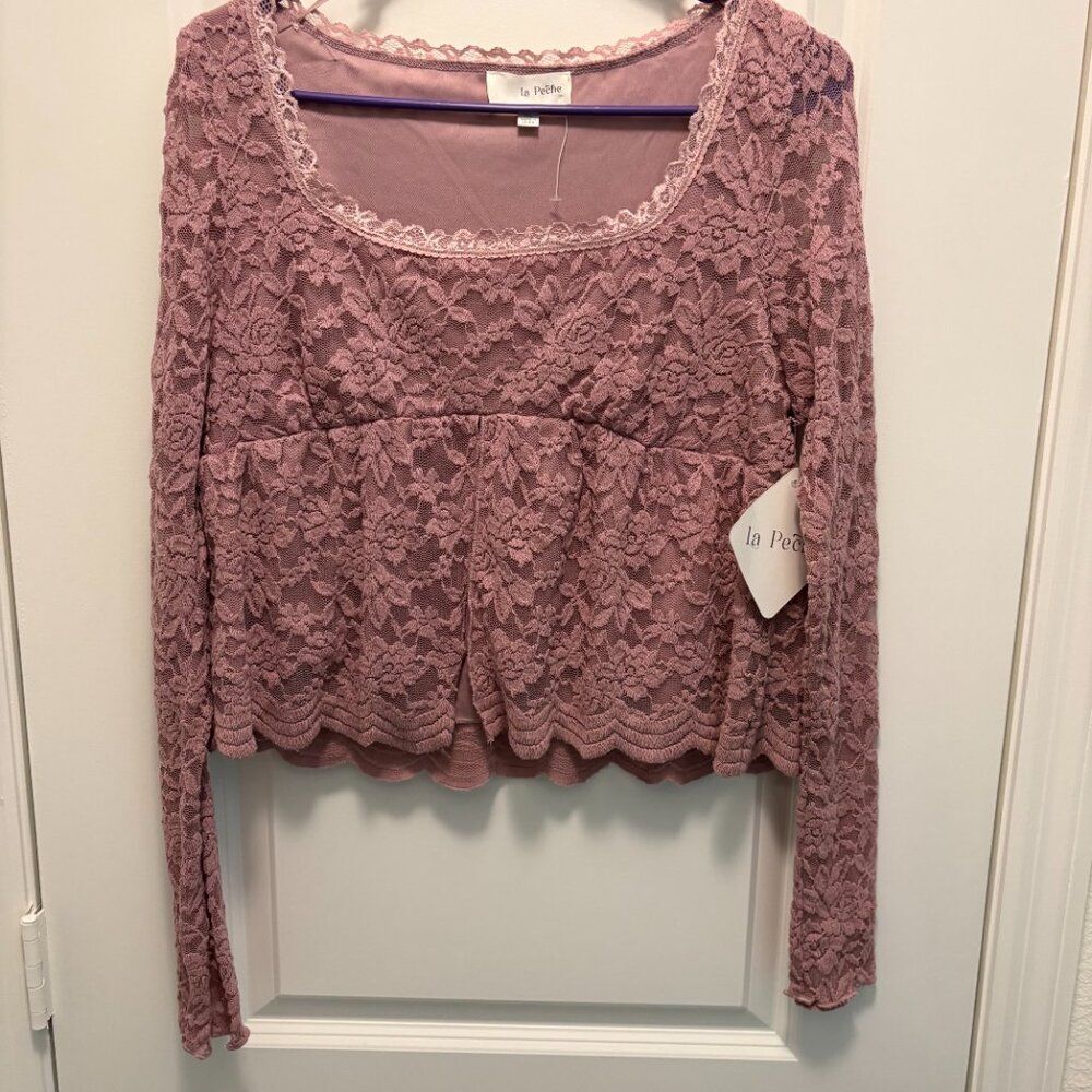 La Peche NWT Mauve Pink Lace Long Sleeve Top Fully Lined XL Romantic - Picture 2 of 9